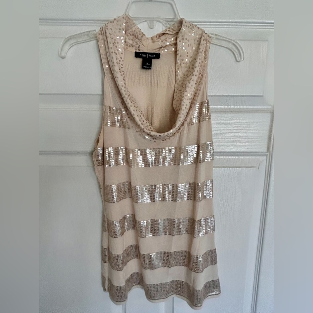 White House Black Market Cream Sequin Stripe Cowl Neck Camisole